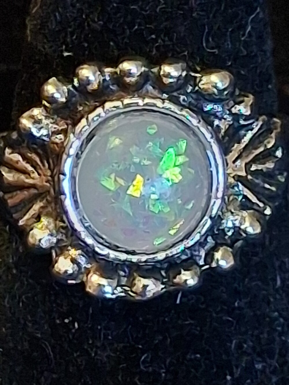 Silvertone Faux Opal Accent Ring - Iridescent Green Opal Size 6.75
